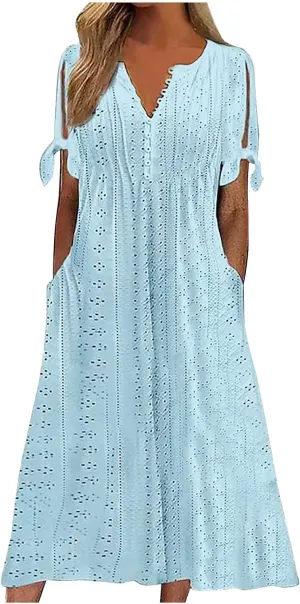 Women Boho Dresses V-Neck Short Sleeve Button Solid Sun Dress Hollow Eyelet Sundress 2025 Trendy Vacation Outfits