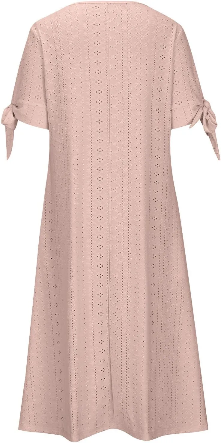 Women Boho Dresses V-Neck Short Sleeve Button Solid Sun Dress Hollow Eyelet Sundress 2025 Trendy Vacation Outfits