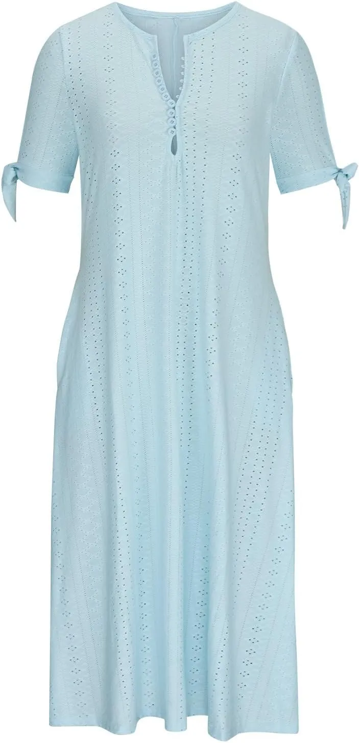 Women Boho Dresses V-Neck Short Sleeve Button Solid Sun Dress Hollow Eyelet Sundress 2025 Trendy Vacation Outfits
