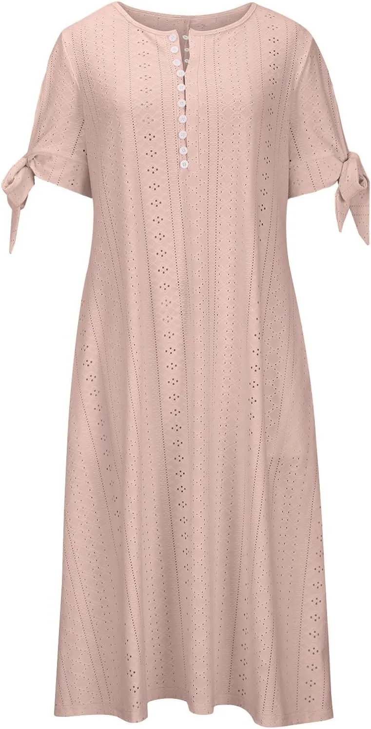 Women Boho Dresses V-Neck Short Sleeve Button Solid Sun Dress Hollow Eyelet Sundress 2025 Trendy Vacation Outfits