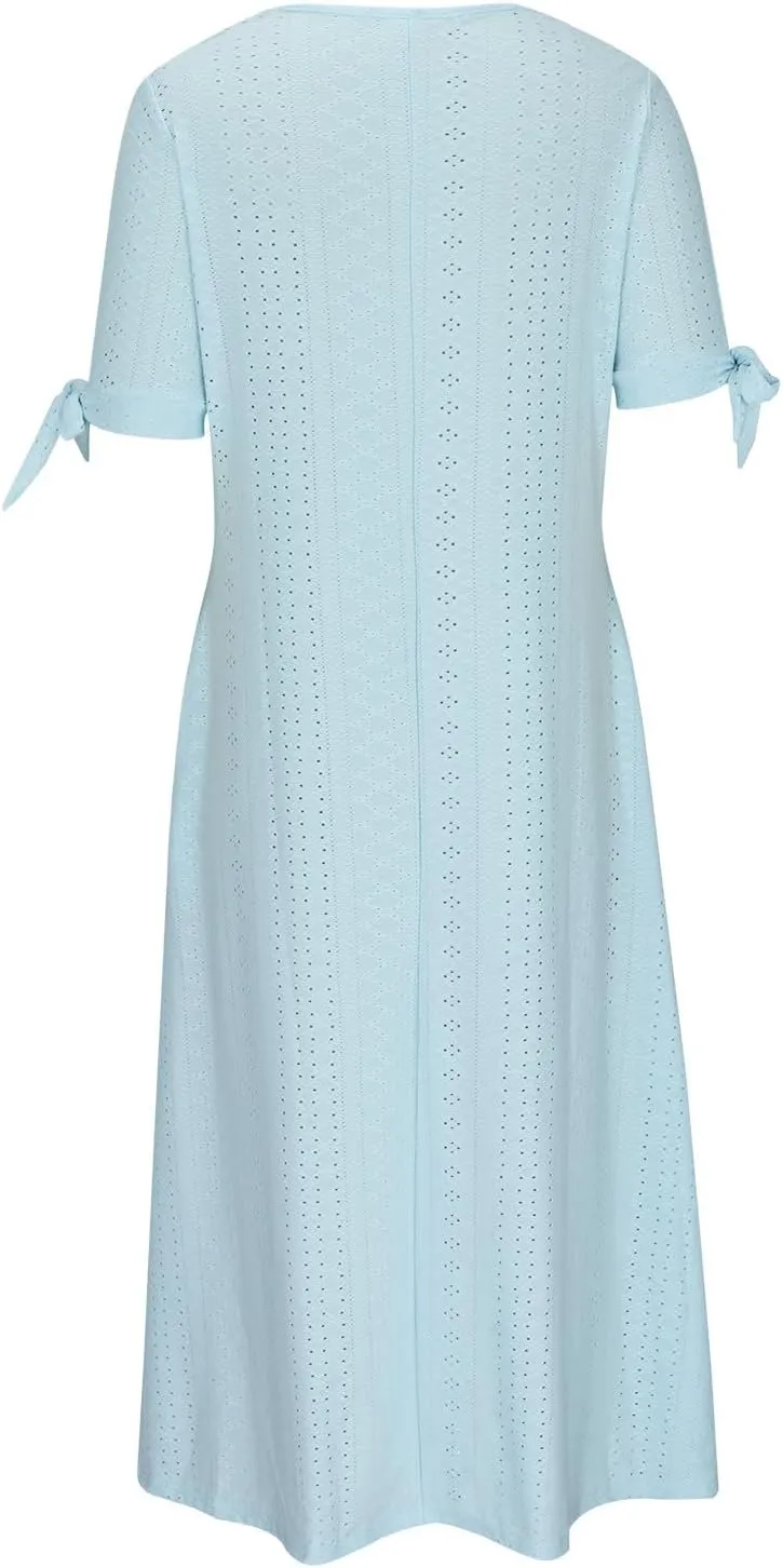 Women Boho Dresses V-Neck Short Sleeve Button Solid Sun Dress Hollow Eyelet Sundress 2025 Trendy Vacation Outfits