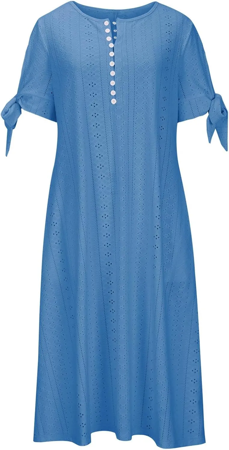 Women Boho Dresses V-Neck Short Sleeve Button Solid Sun Dress Hollow Eyelet Sundress 2025 Trendy Vacation Outfits