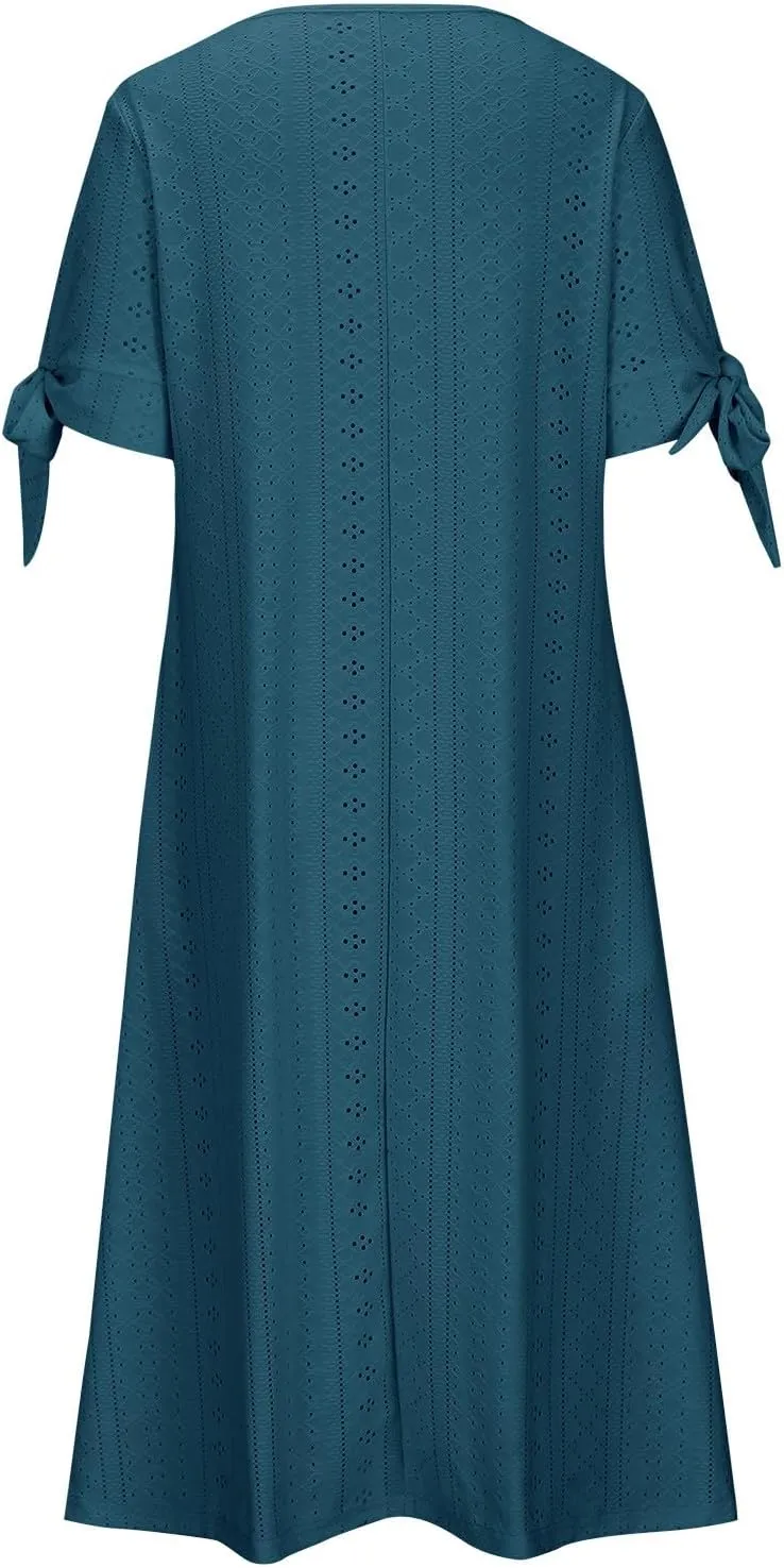 Women Boho Dresses V-Neck Short Sleeve Button Solid Sun Dress Hollow Eyelet Sundress 2025 Trendy Vacation Outfits