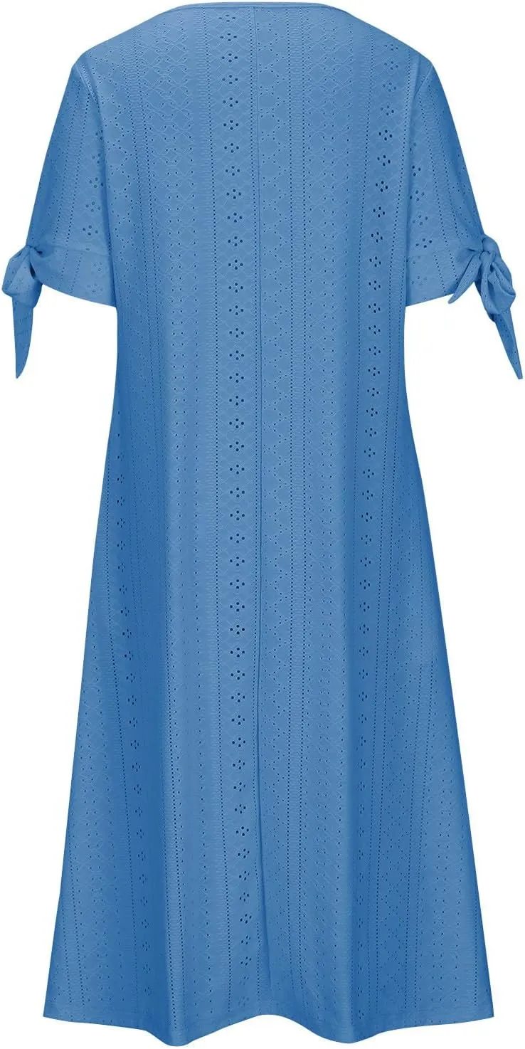 Women Boho Dresses V-Neck Short Sleeve Button Solid Sun Dress Hollow Eyelet Sundress 2025 Trendy Vacation Outfits