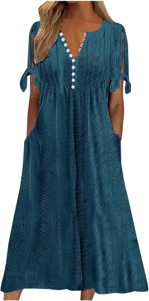 Women Boho Dresses V-Neck Short Sleeve Button Solid Sun Dress Hollow Eyelet Sundress 2025 Trendy Vacation Outfits