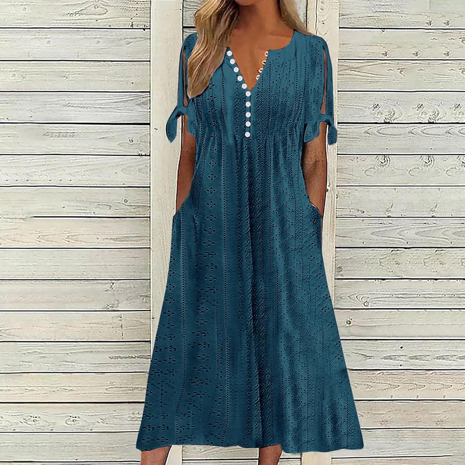 Women Boho Dresses V-Neck Short Sleeve Button Solid Sun Dress Hollow Eyelet Sundress 2025 Trendy Vacation Outfits