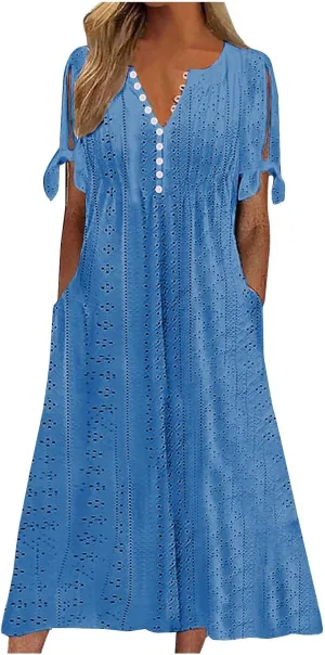 Women Boho Dresses V-Neck Short Sleeve Button Solid Sun Dress Hollow Eyelet Sundress 2025 Trendy Vacation Outfits