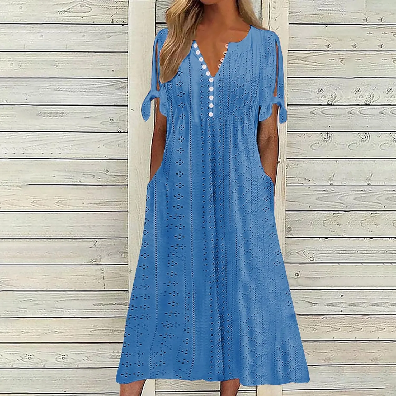 Women Boho Dresses V-Neck Short Sleeve Button Solid Sun Dress Hollow Eyelet Sundress 2025 Trendy Vacation Outfits