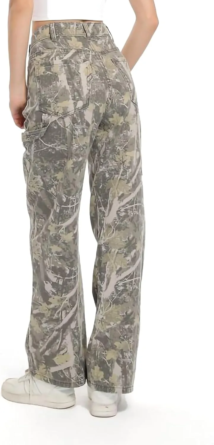 Women Camouflage Cargo Pants Straight Wide Leg Trousers Jeans with Pockets