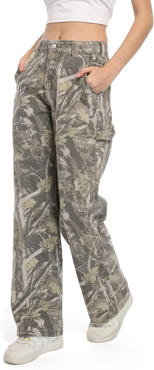 Women Camouflage Cargo Pants Straight Wide Leg Trousers Jeans with Pockets