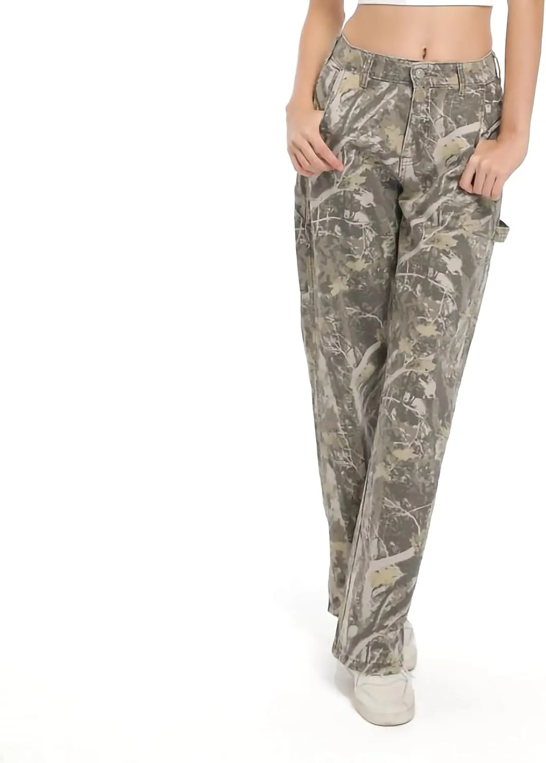 Women Camouflage Cargo Pants Straight Wide Leg Trousers Jeans with Pockets