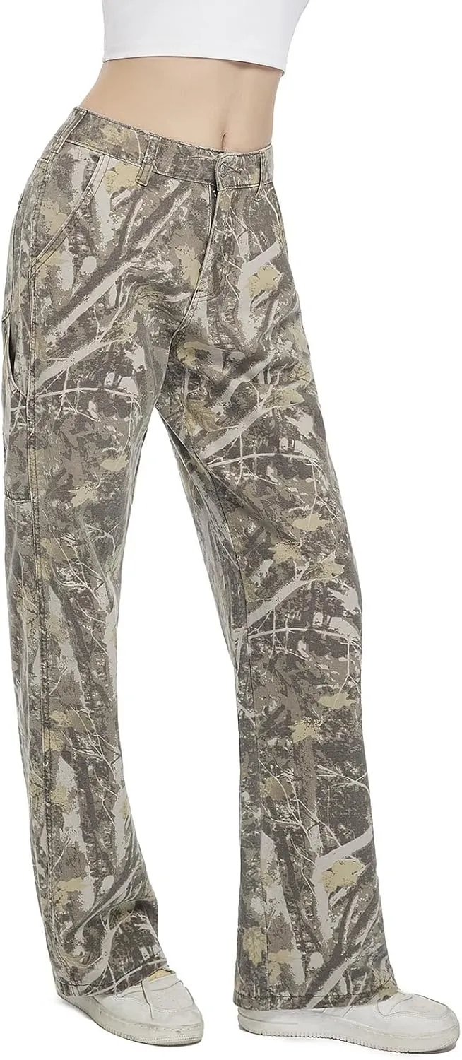 Women Camouflage Cargo Pants Straight Wide Leg Trousers Jeans with Pockets