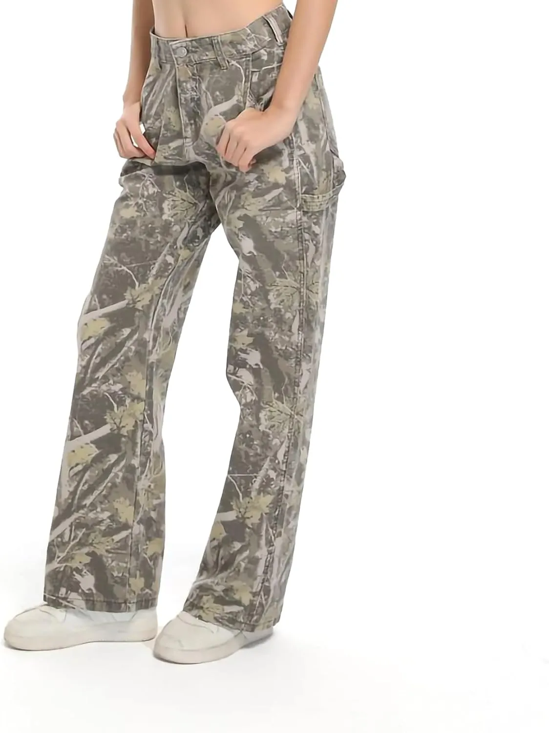 Women Camouflage Cargo Pants Straight Wide Leg Trousers Jeans with Pockets