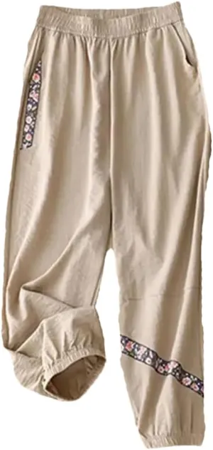 Women Casual Ankle-Length Pants Elastic Waist Basics Pant Harem Pants Elastic Waist Cotton Pant
