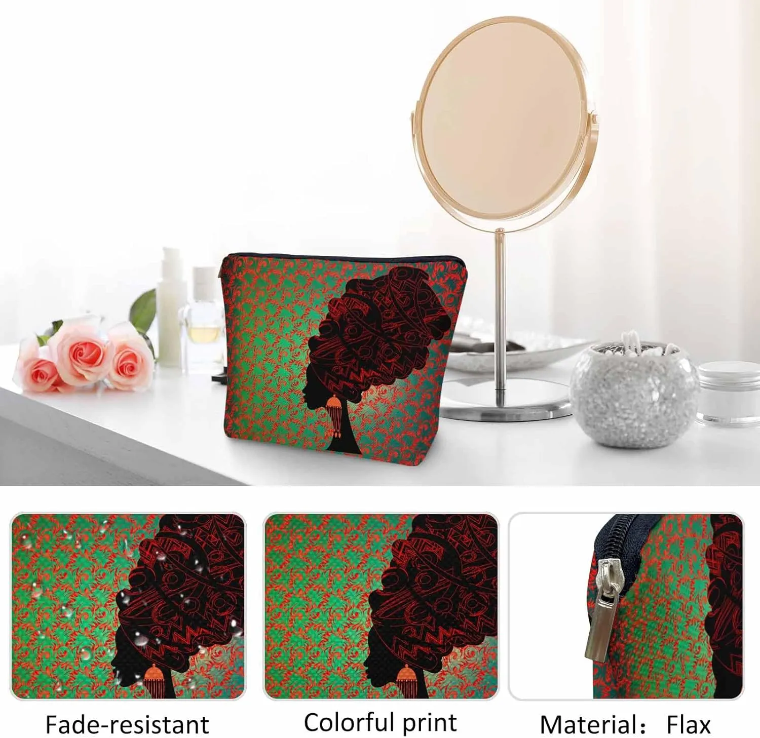 Women Cosmetic Bag African Woman, Sexy African Woman Ethnic Turban Red Cute Makeup Bag For Purse Cosmetic Travel Bag For Toiletries Makeup Storage Bag Flax Skincare Bag Make Up Pouch Bags