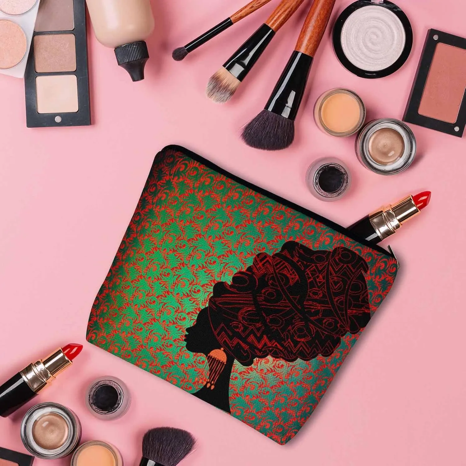 Women Cosmetic Bag African Woman, Sexy African Woman Ethnic Turban Red Cute Makeup Bag For Purse Cosmetic Travel Bag For Toiletries Makeup Storage Bag Flax Skincare Bag Make Up Pouch Bags