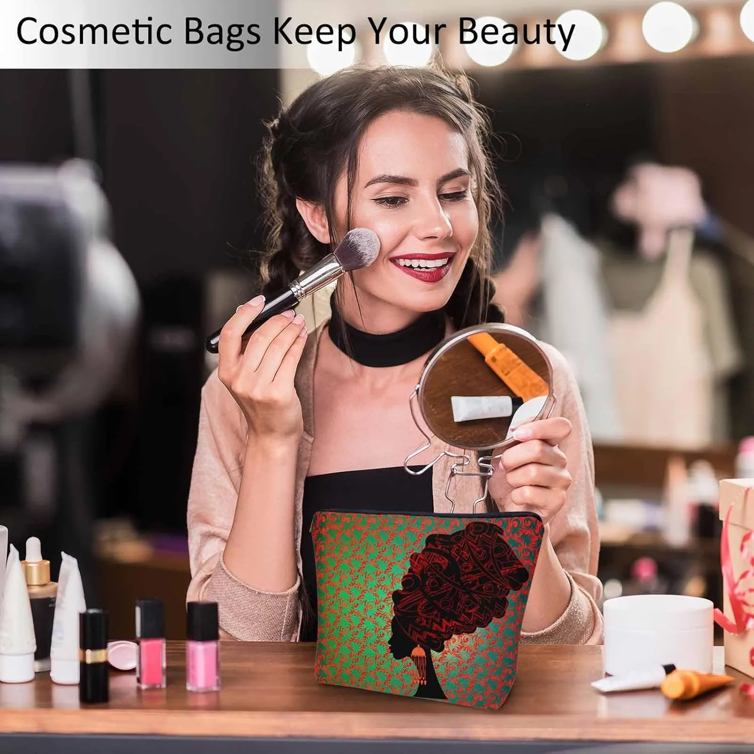 Women Cosmetic Bag African Woman, Sexy African Woman Ethnic Turban Red Cute Makeup Bag For Purse Cosmetic Travel Bag For Toiletries Makeup Storage Bag Flax Skincare Bag Make Up Pouch Bags