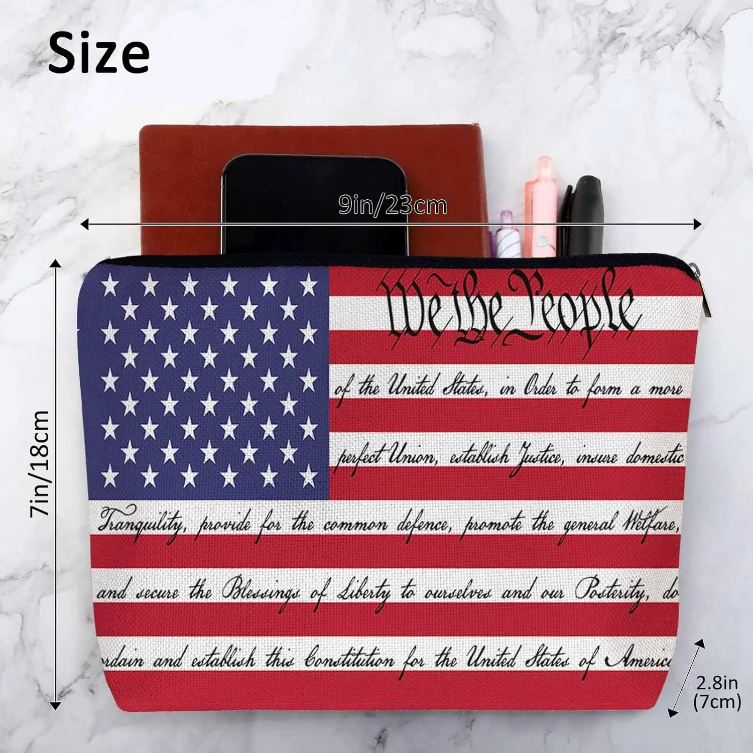 Women Cosmetic Bag American Flag, We The People American Flag USA Flag Cute Makeup Bag For Purse Cosmetic Travel Bag For Toiletries Makeup Storage Bag Flax Skincare Bag Make Up Pouch Bags