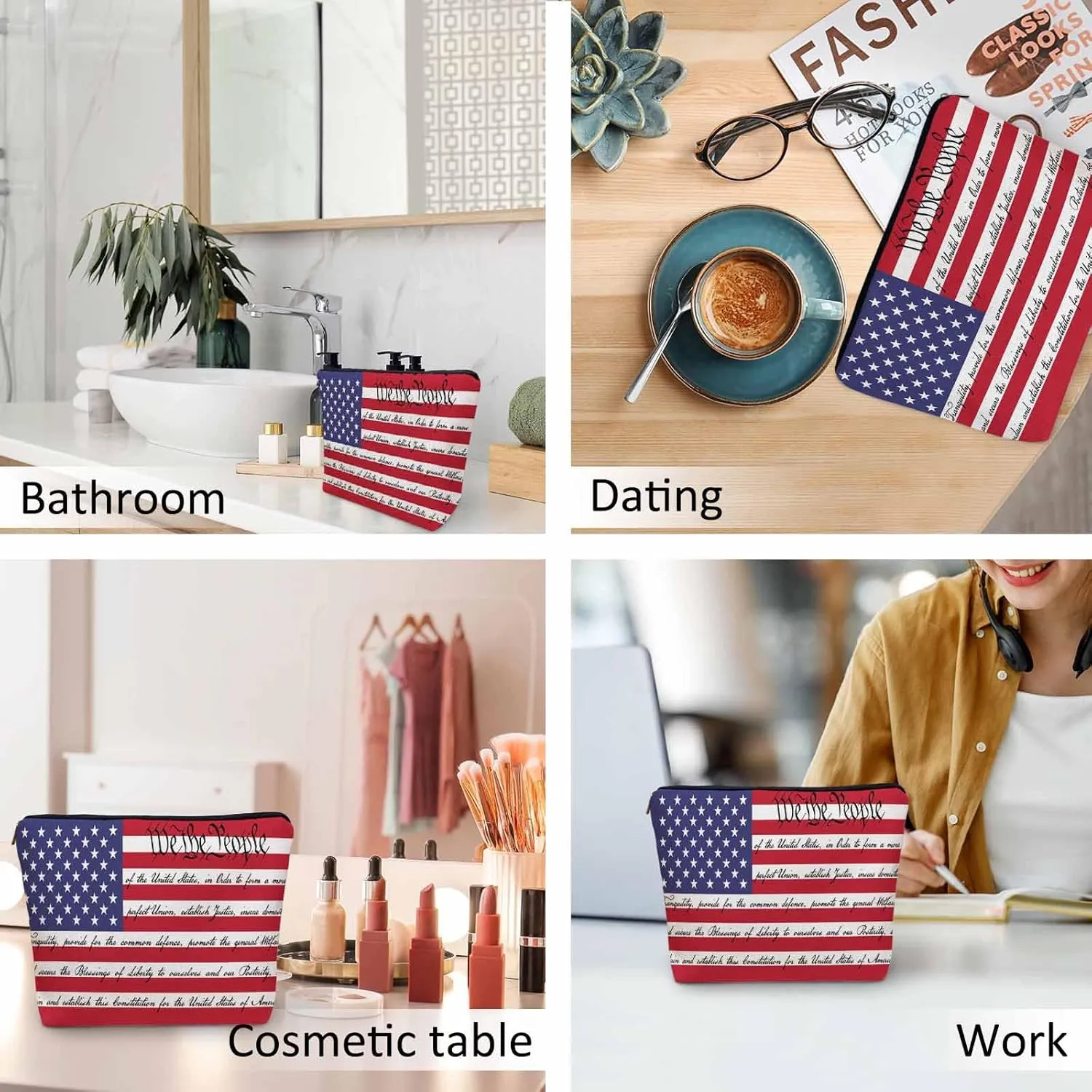 Women Cosmetic Bag American Flag, We The People American Flag USA Flag Cute Makeup Bag For Purse Cosmetic Travel Bag For Toiletries Makeup Storage Bag Flax Skincare Bag Make Up Pouch Bags