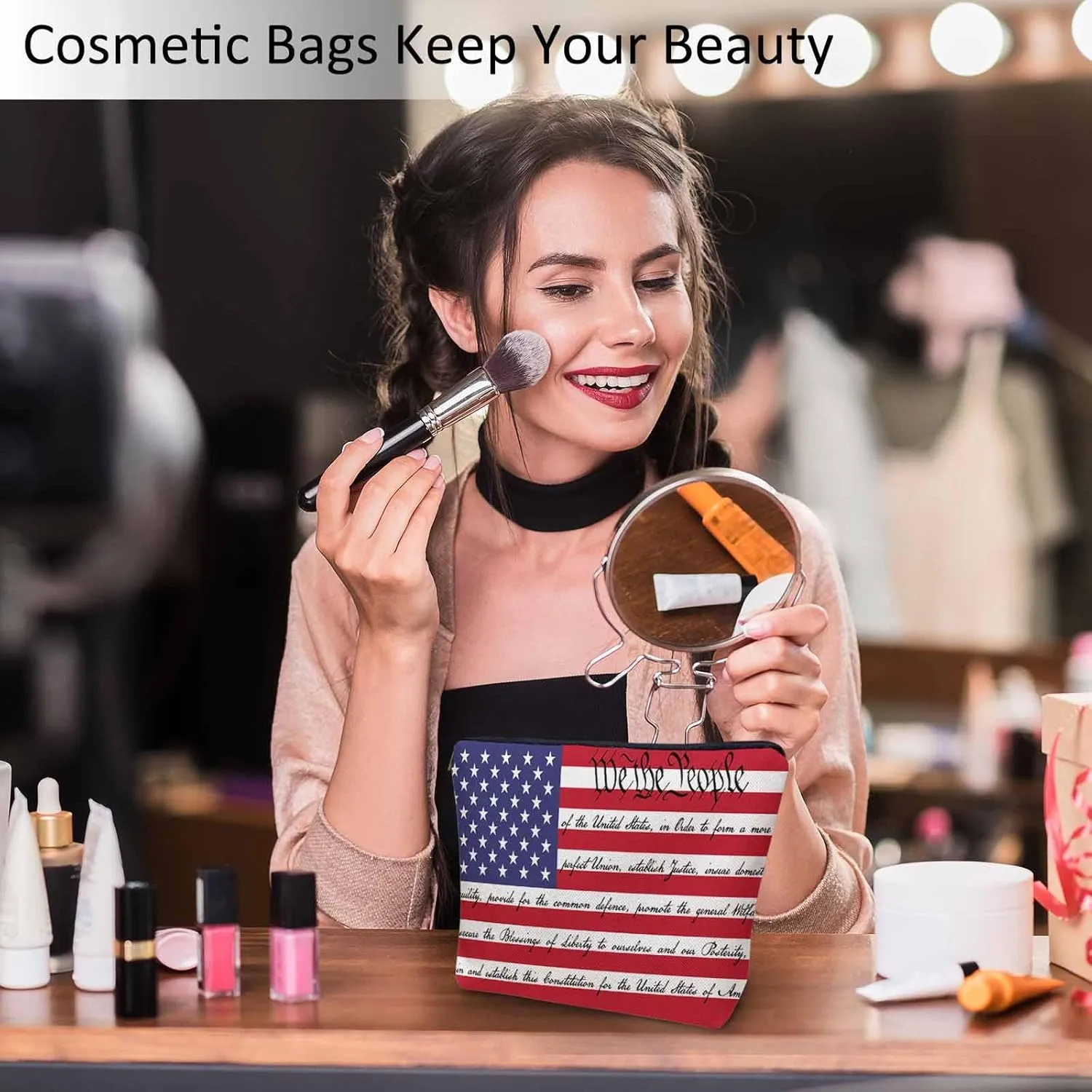 Women Cosmetic Bag American Flag, We The People American Flag USA Flag Cute Makeup Bag For Purse Cosmetic Travel Bag For Toiletries Makeup Storage Bag Flax Skincare Bag Make Up Pouch Bags