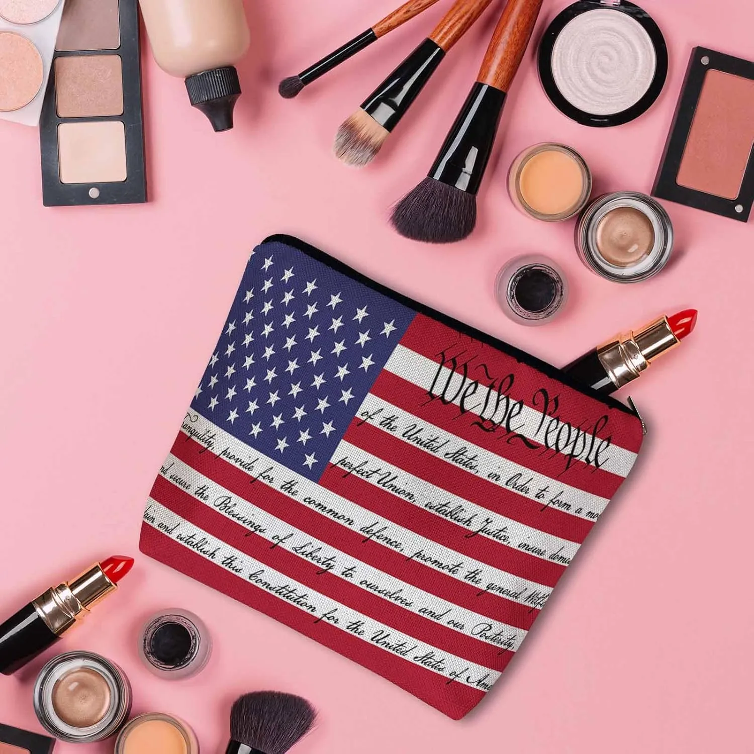 Women Cosmetic Bag American Flag, We The People American Flag USA Flag Cute Makeup Bag For Purse Cosmetic Travel Bag For Toiletries Makeup Storage Bag Flax Skincare Bag Make Up Pouch Bags