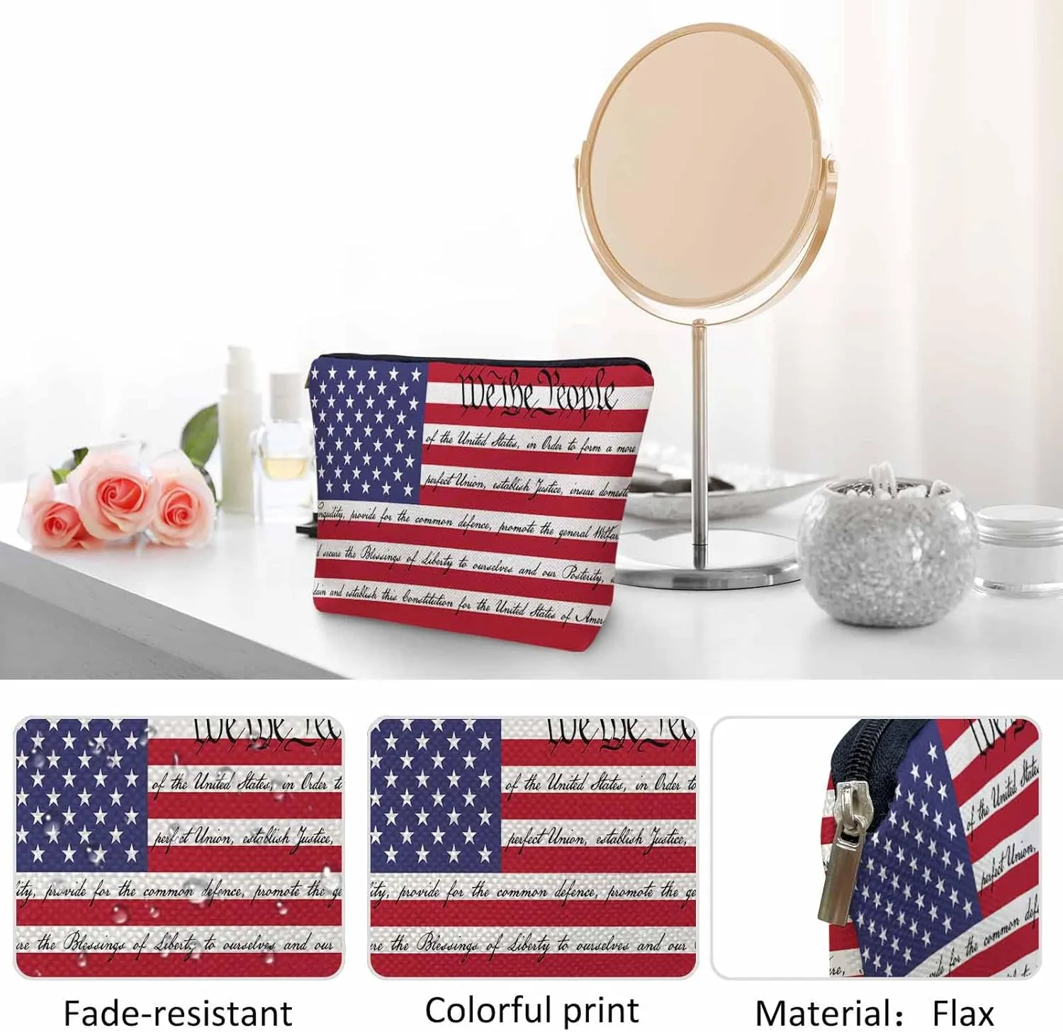 Women Cosmetic Bag American Flag, We The People American Flag USA Flag Cute Makeup Bag For Purse Cosmetic Travel Bag For Toiletries Makeup Storage Bag Flax Skincare Bag Make Up Pouch Bags