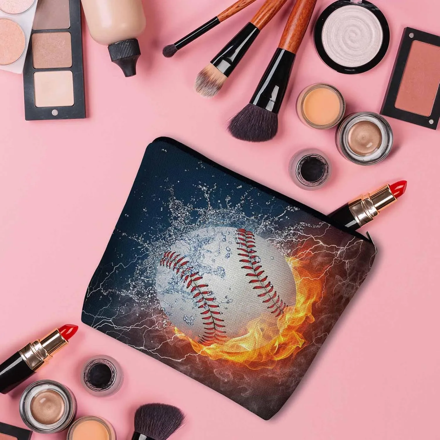 Women Cosmetic Bag Baseball, Sport Baseball Ball In Fire And Water Cute Makeup Bag For Purse Cosmetic Travel Bag For Toiletries Makeup Storage Bag Flax Skincare Bag Make Up Pouch Bags