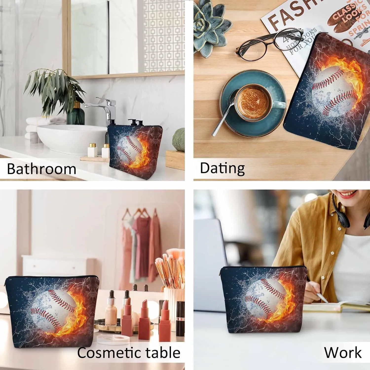 Women Cosmetic Bag Baseball, Sport Baseball Ball In Fire And Water Cute Makeup Bag For Purse Cosmetic Travel Bag For Toiletries Makeup Storage Bag Flax Skincare Bag Make Up Pouch Bags