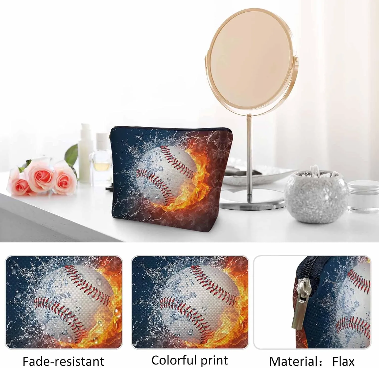 Women Cosmetic Bag Baseball, Sport Baseball Ball In Fire And Water Cute Makeup Bag For Purse Cosmetic Travel Bag For Toiletries Makeup Storage Bag Flax Skincare Bag Make Up Pouch Bags