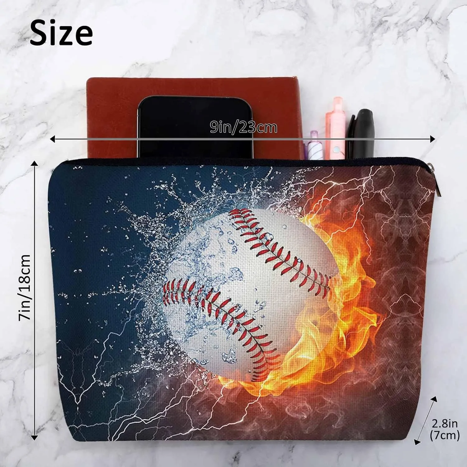 Women Cosmetic Bag Baseball, Sport Baseball Ball In Fire And Water Cute Makeup Bag For Purse Cosmetic Travel Bag For Toiletries Makeup Storage Bag Flax Skincare Bag Make Up Pouch Bags