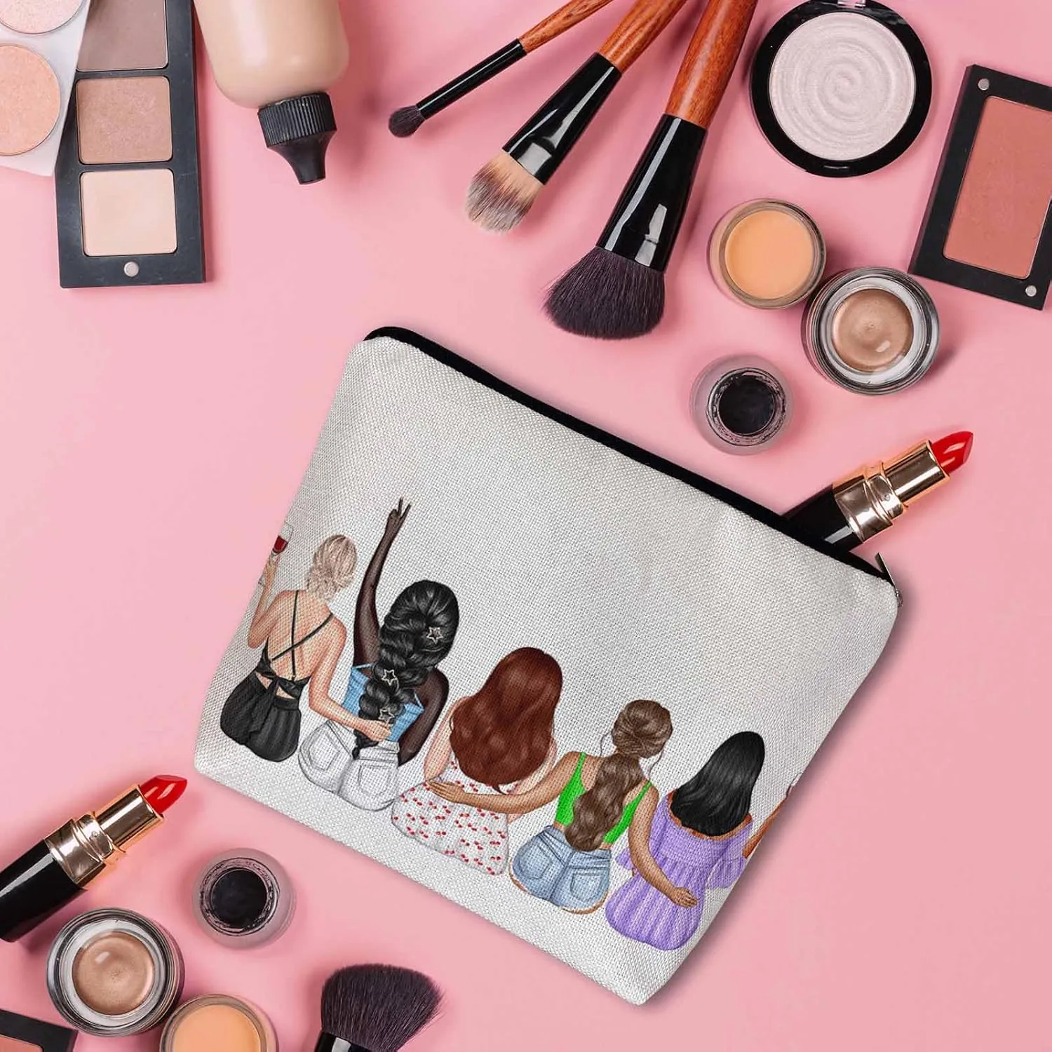 Women Cosmetic Bag Best Friends, Pretty Women Soul Sisters Cute Makeup Bag For Purse Cosmetic Travel Bag For Toiletries Makeup Storage Bag Flax Skincare Bag Make Up Pouch Bags