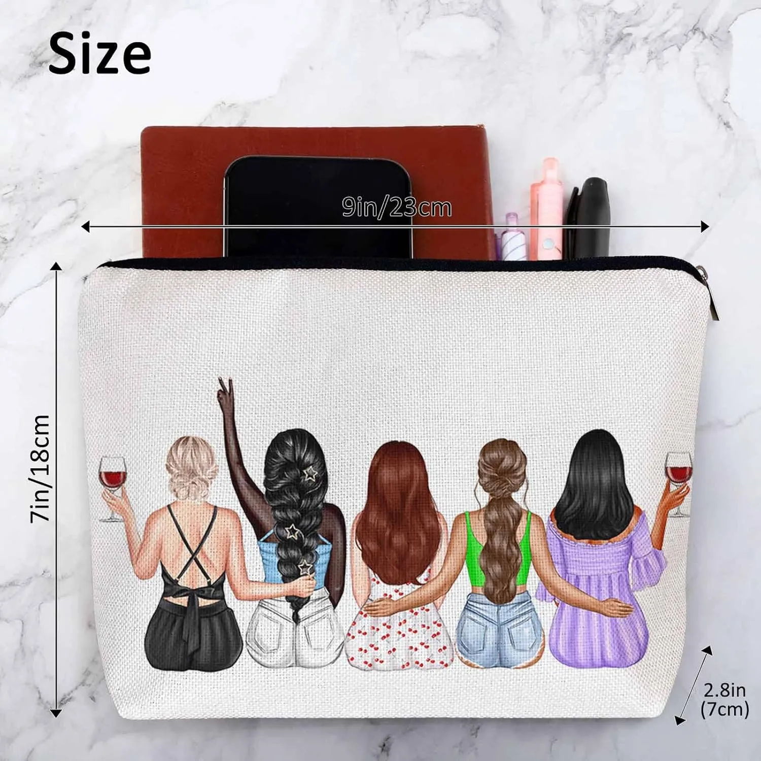 Women Cosmetic Bag Best Friends, Pretty Women Soul Sisters Cute Makeup Bag For Purse Cosmetic Travel Bag For Toiletries Makeup Storage Bag Flax Skincare Bag Make Up Pouch Bags