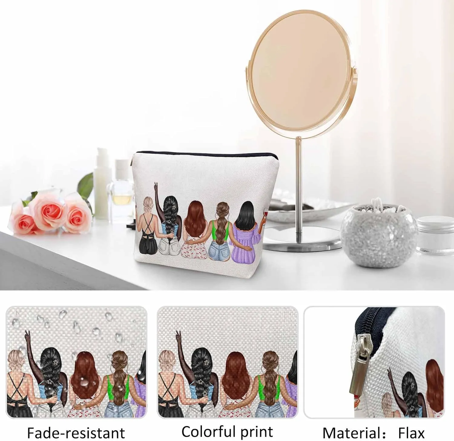 Women Cosmetic Bag Best Friends, Pretty Women Soul Sisters Cute Makeup Bag For Purse Cosmetic Travel Bag For Toiletries Makeup Storage Bag Flax Skincare Bag Make Up Pouch Bags