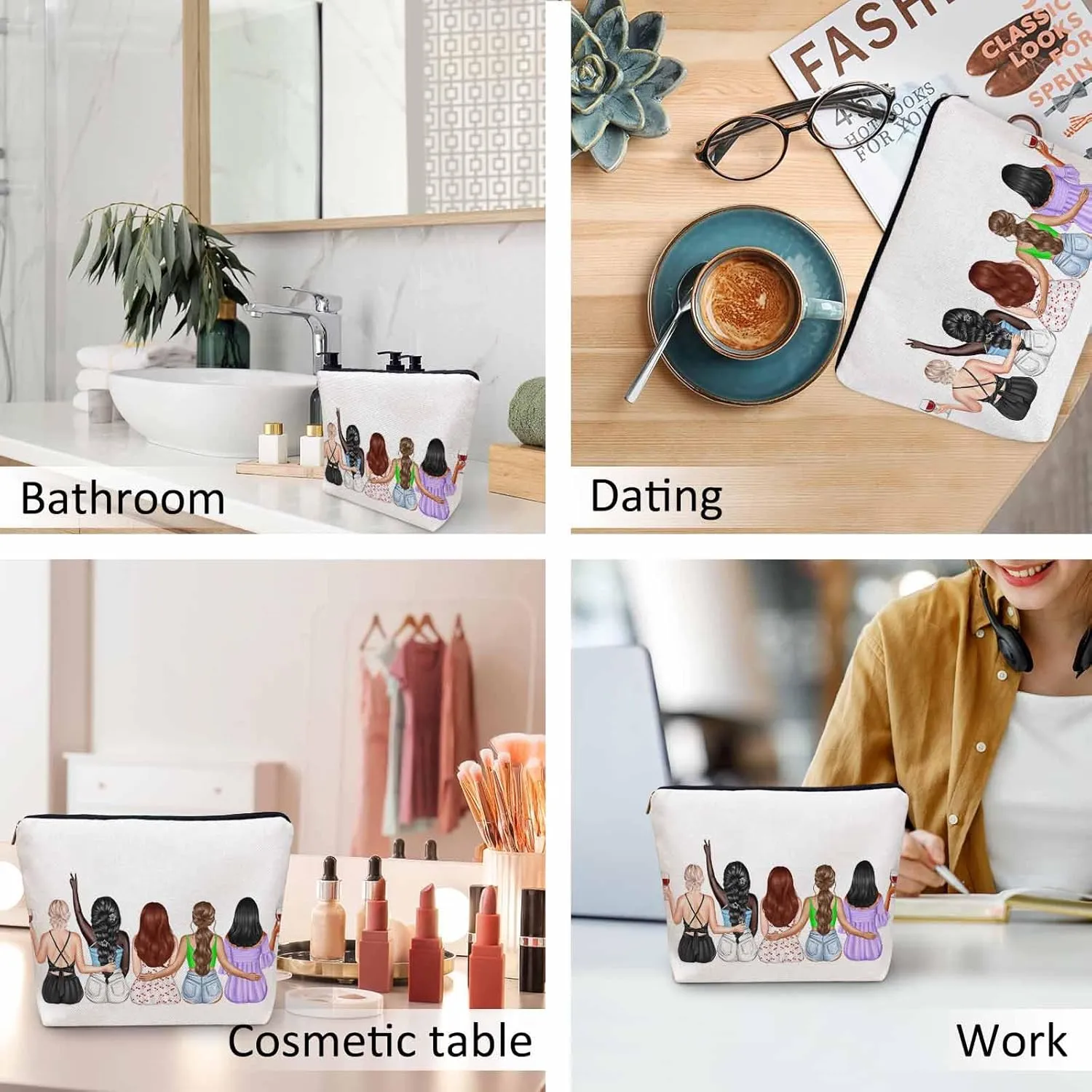 Women Cosmetic Bag Best Friends, Pretty Women Soul Sisters Cute Makeup Bag For Purse Cosmetic Travel Bag For Toiletries Makeup Storage Bag Flax Skincare Bag Make Up Pouch Bags
