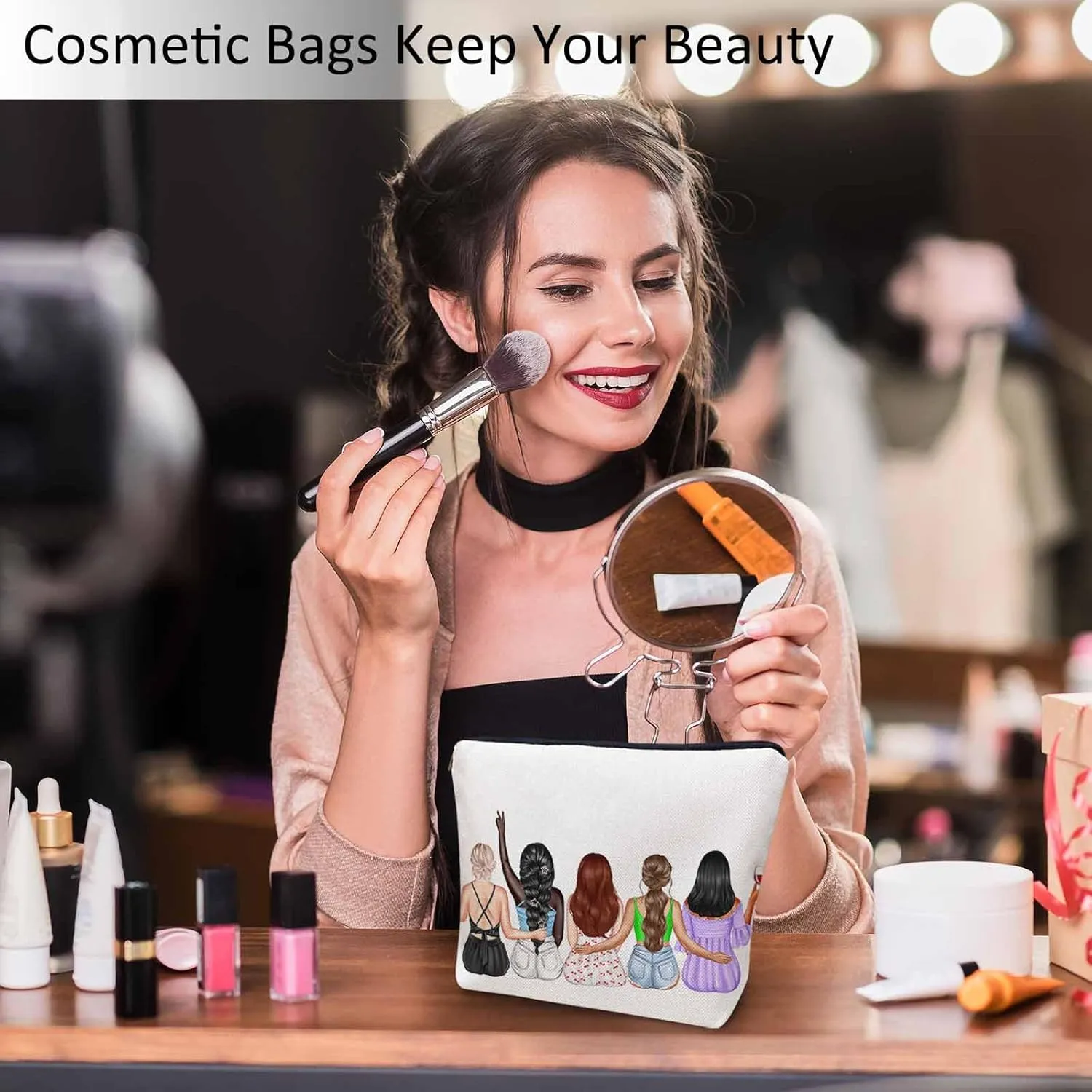 Women Cosmetic Bag Best Friends, Pretty Women Soul Sisters Cute Makeup Bag For Purse Cosmetic Travel Bag For Toiletries Makeup Storage Bag Flax Skincare Bag Make Up Pouch Bags