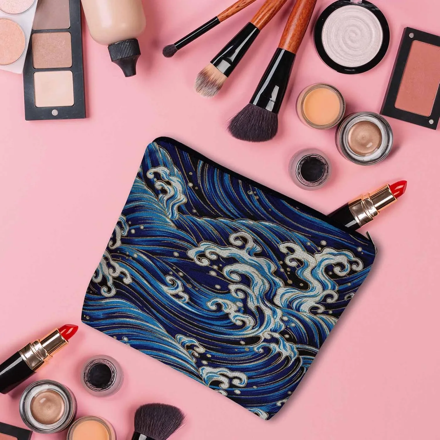 Women Cosmetic Bag Japanese Waves, Traditional Ocean Wave Blue Cute Makeup Bag For Purse Cosmetic Travel Bag For Toiletries Makeup Storage Bag Flax Skincare Bag Make Up Pouch Bags