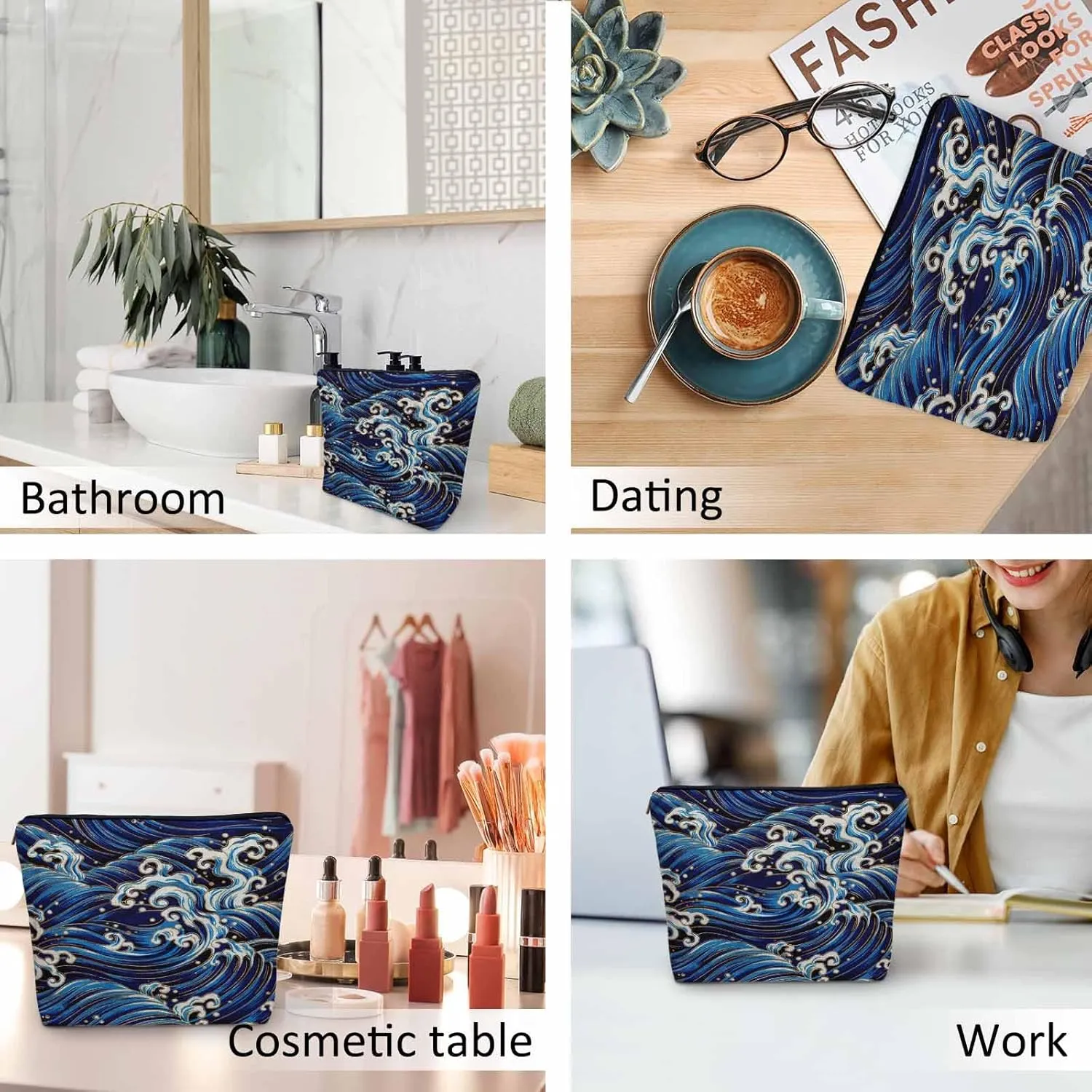 Women Cosmetic Bag Japanese Waves, Traditional Ocean Wave Blue Cute Makeup Bag For Purse Cosmetic Travel Bag For Toiletries Makeup Storage Bag Flax Skincare Bag Make Up Pouch Bags