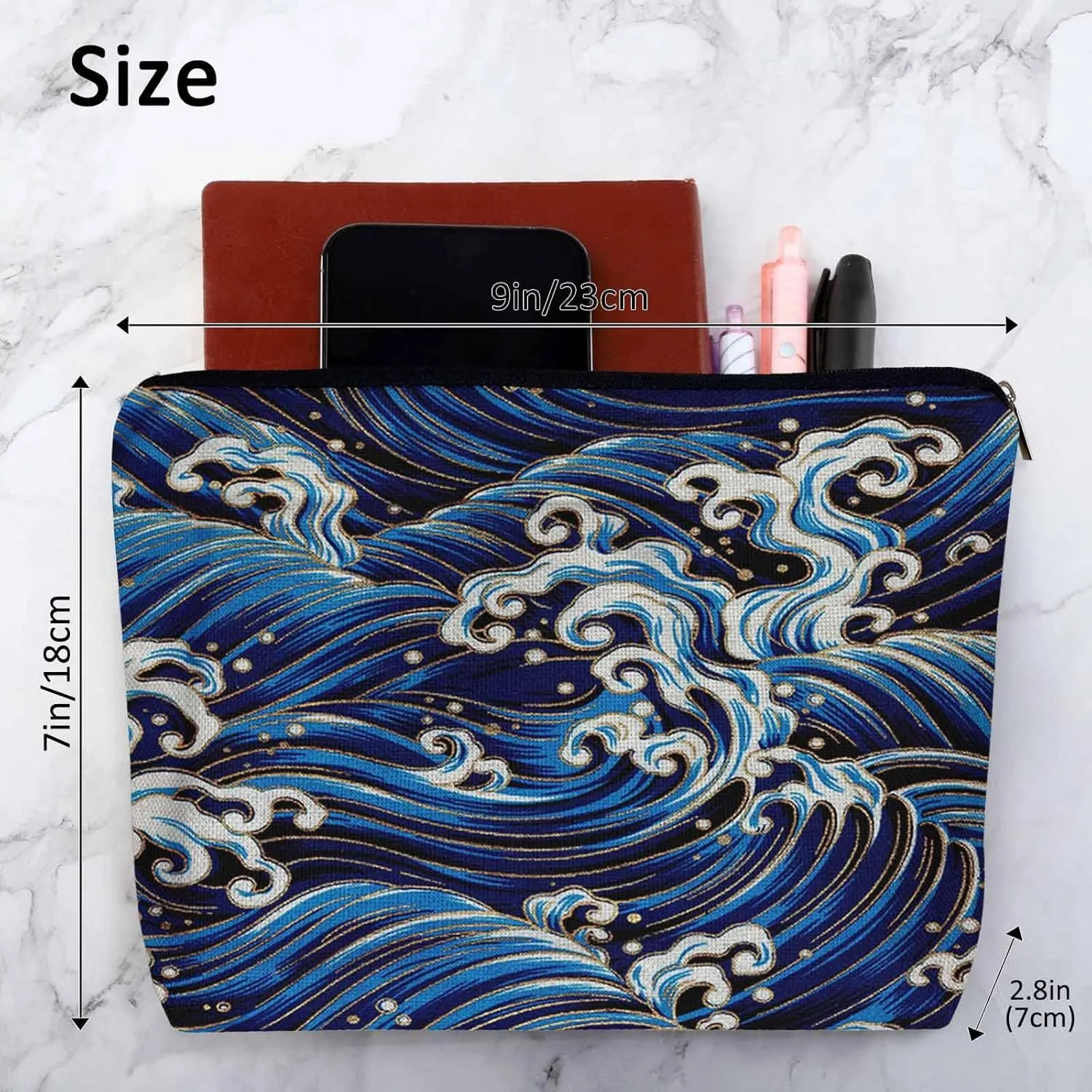 Women Cosmetic Bag Japanese Waves, Traditional Ocean Wave Blue Cute Makeup Bag For Purse Cosmetic Travel Bag For Toiletries Makeup Storage Bag Flax Skincare Bag Make Up Pouch Bags