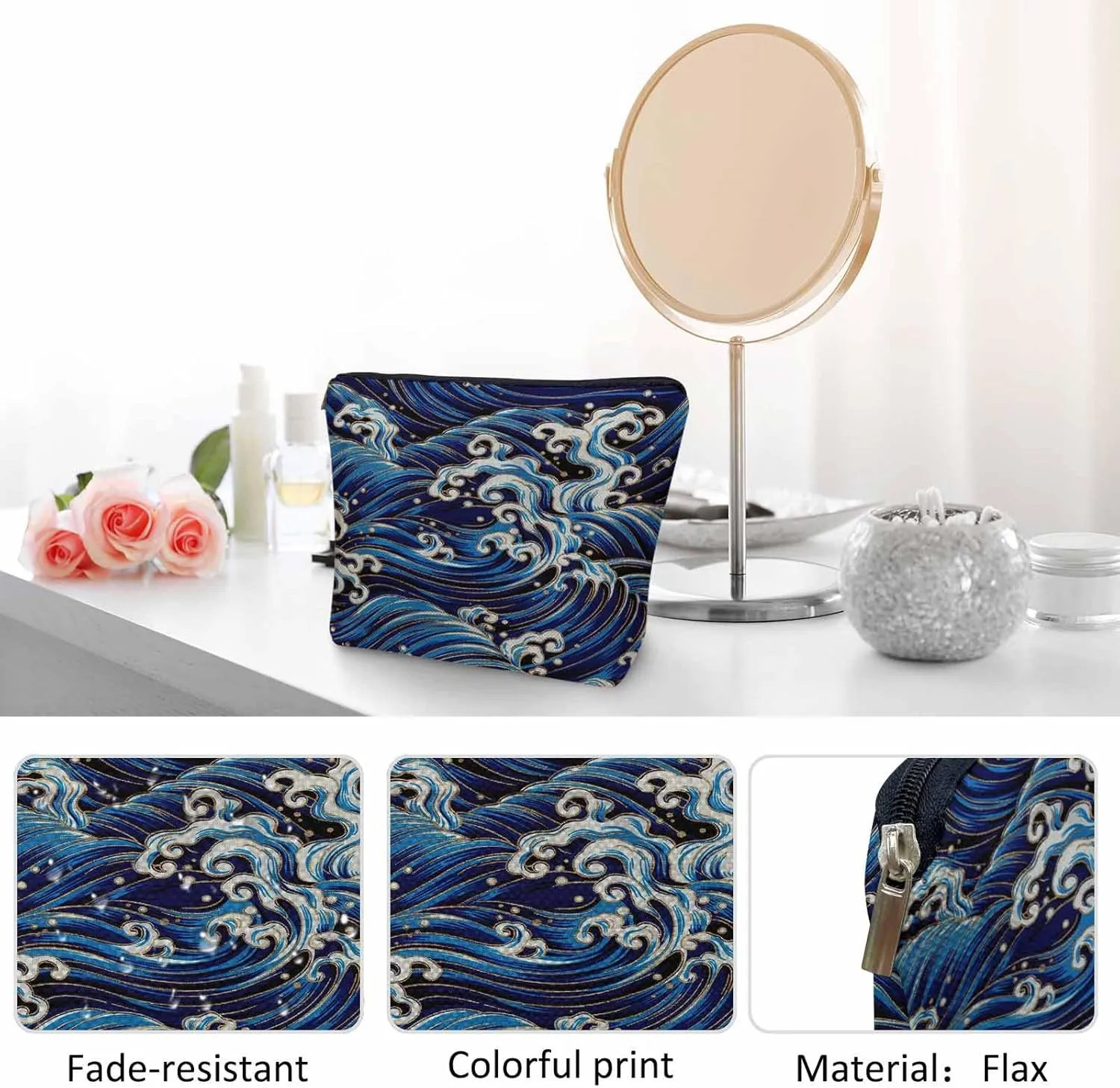 Women Cosmetic Bag Japanese Waves, Traditional Ocean Wave Blue Cute Makeup Bag For Purse Cosmetic Travel Bag For Toiletries Makeup Storage Bag Flax Skincare Bag Make Up Pouch Bags
