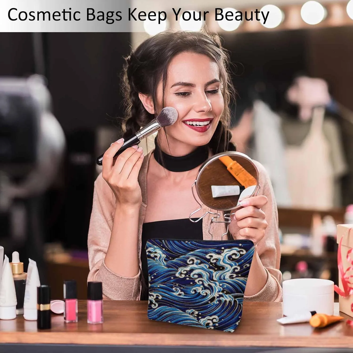 Women Cosmetic Bag Japanese Waves, Traditional Ocean Wave Blue Cute Makeup Bag For Purse Cosmetic Travel Bag For Toiletries Makeup Storage Bag Flax Skincare Bag Make Up Pouch Bags