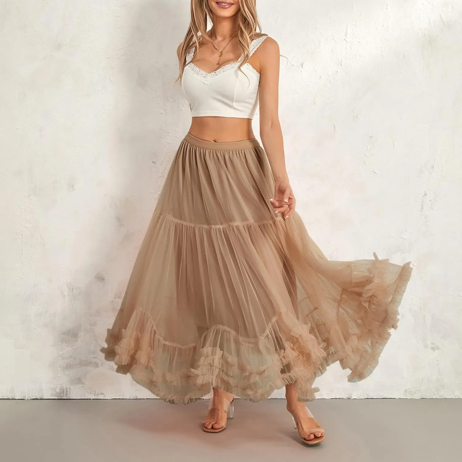Women Fairy Tulle Midi Skirt High Waist Pleated Mesh Skirt Wedding Party Club Beach Long Tulle Tutu Skirts