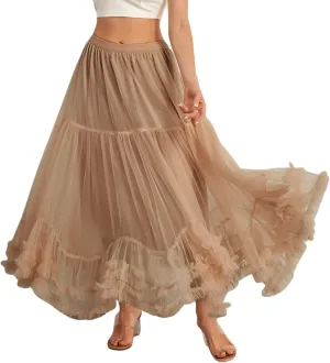 Women Fairy Tulle Midi Skirt High Waist Pleated Mesh Skirt Wedding Party Club Beach Long Tulle Tutu Skirts