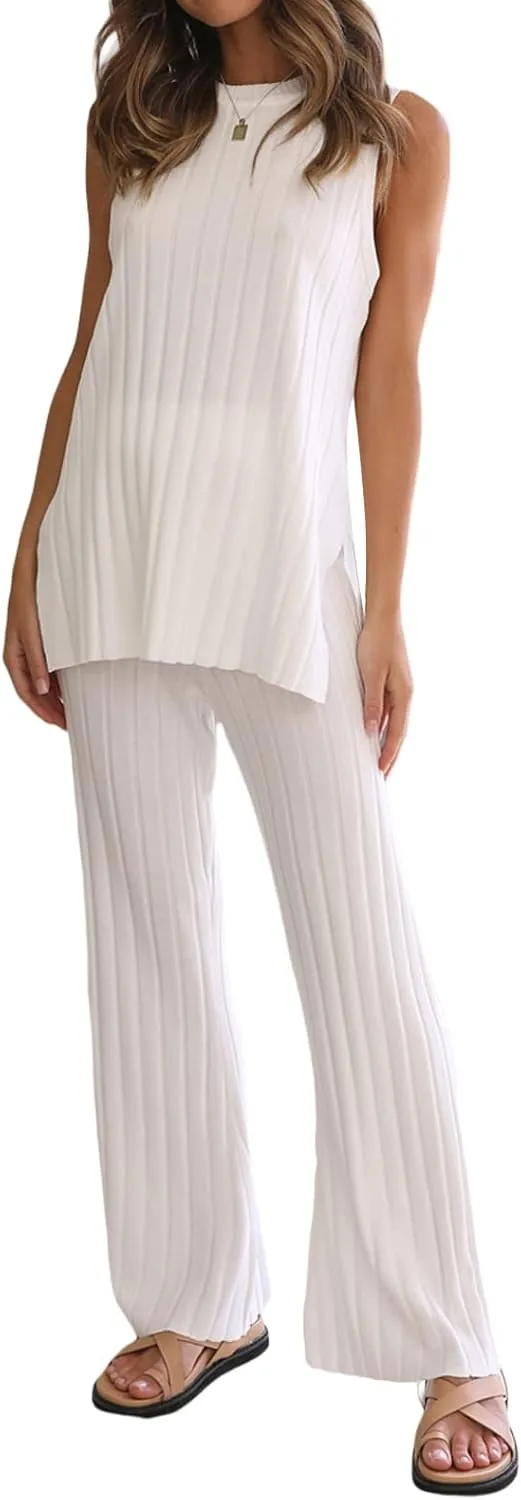 Women Knit Set 2 Piece Outfits Solid Color Long Sweater Vest Split Tank Tops High Waist Wide Leg Pants Loungewear