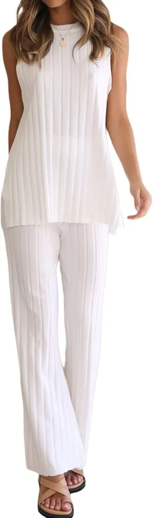 Women Knit Set 2 Piece Outfits Solid Color Long Sweater Vest Split Tank Tops High Waist Wide Leg Pants Loungewear