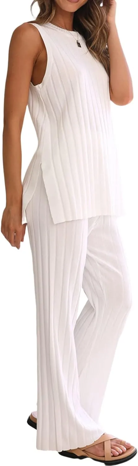 Women Knit Set 2 Piece Outfits Solid Color Long Sweater Vest Split Tank Tops High Waist Wide Leg Pants Loungewear
