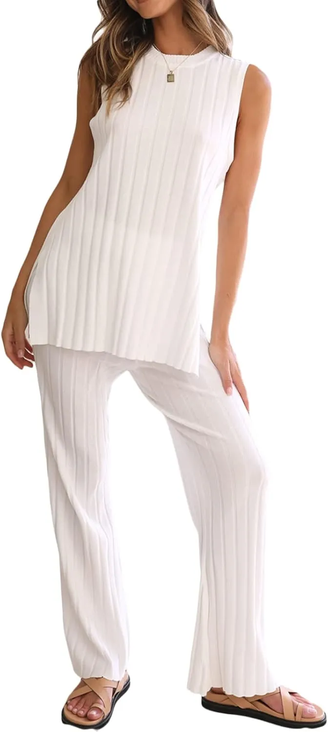 Women Knit Set 2 Piece Outfits Solid Color Long Sweater Vest Split Tank Tops High Waist Wide Leg Pants Loungewear
