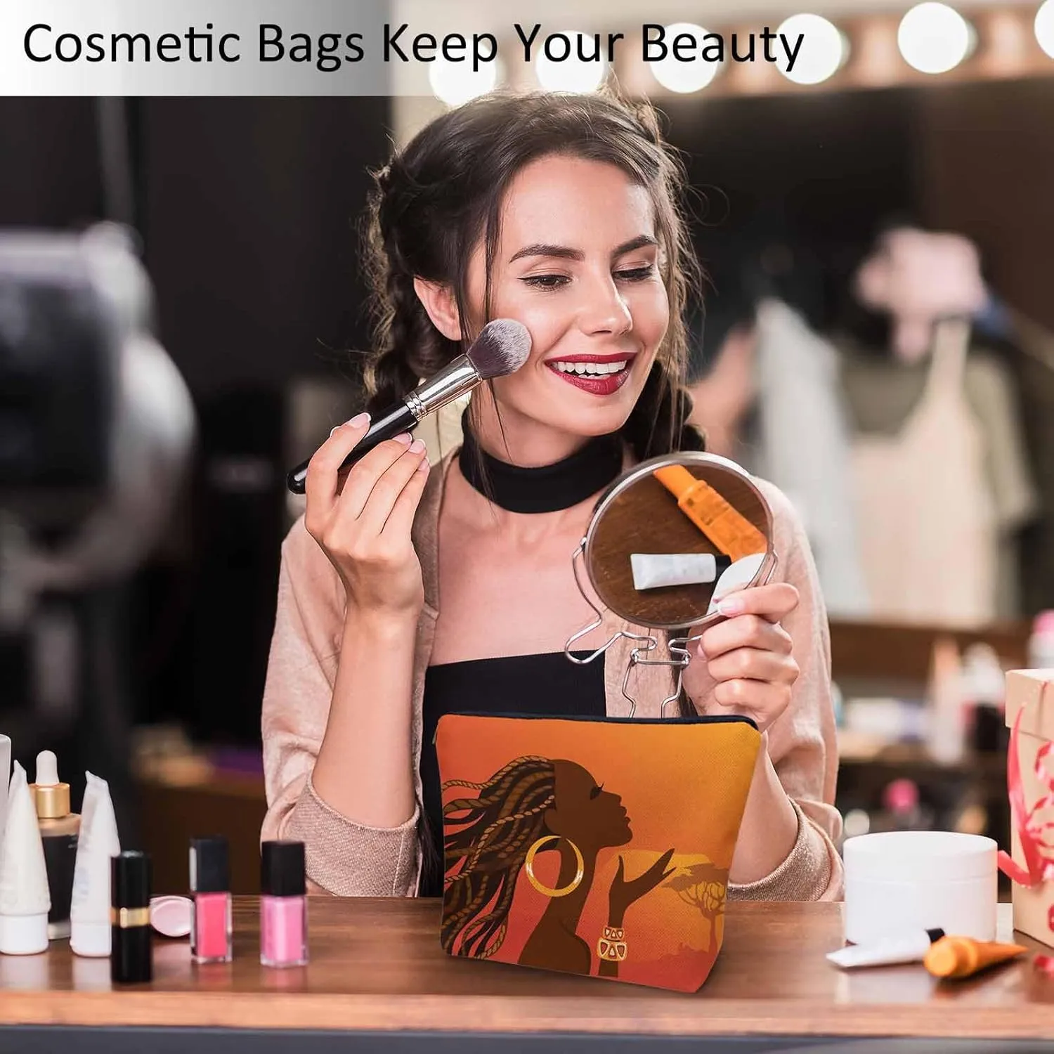 Women Makeup Organizer Bag African Woman Beautiful Black African Woman Flax Cosmetic Bag Makeup Bags Toiletry Bag Accessories Organizer Travel Bags For Home Bathroom Office Hotel Gym
