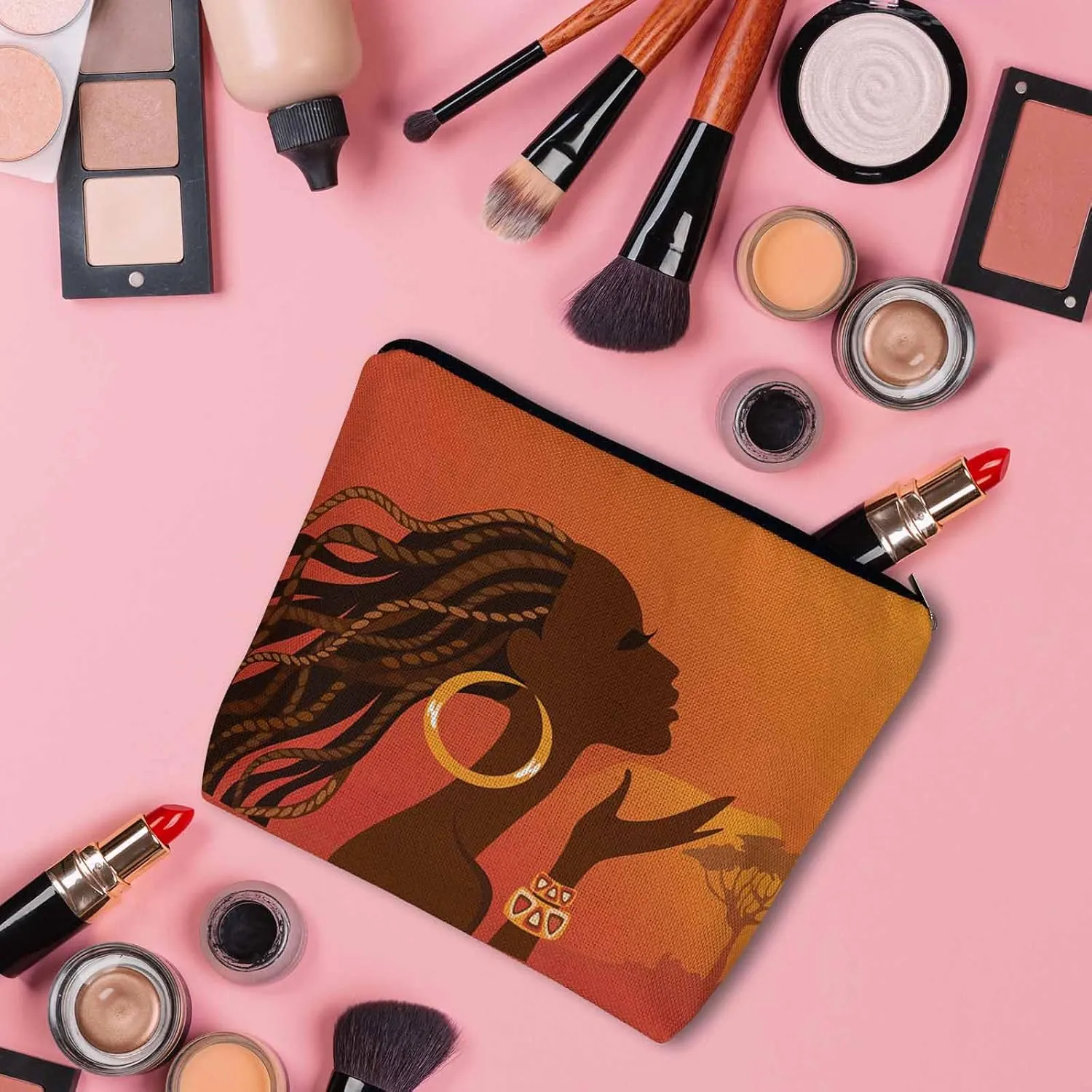 Women Makeup Organizer Bag African Woman Beautiful Black African Woman Flax Cosmetic Bag Makeup Bags Toiletry Bag Accessories Organizer Travel Bags For Home Bathroom Office Hotel Gym