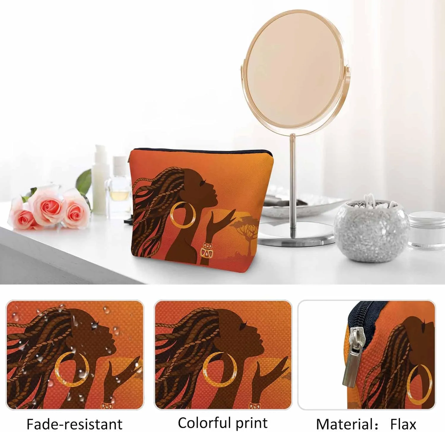 Women Makeup Organizer Bag African Woman Beautiful Black African Woman Flax Cosmetic Bag Makeup Bags Toiletry Bag Accessories Organizer Travel Bags For Home Bathroom Office Hotel Gym