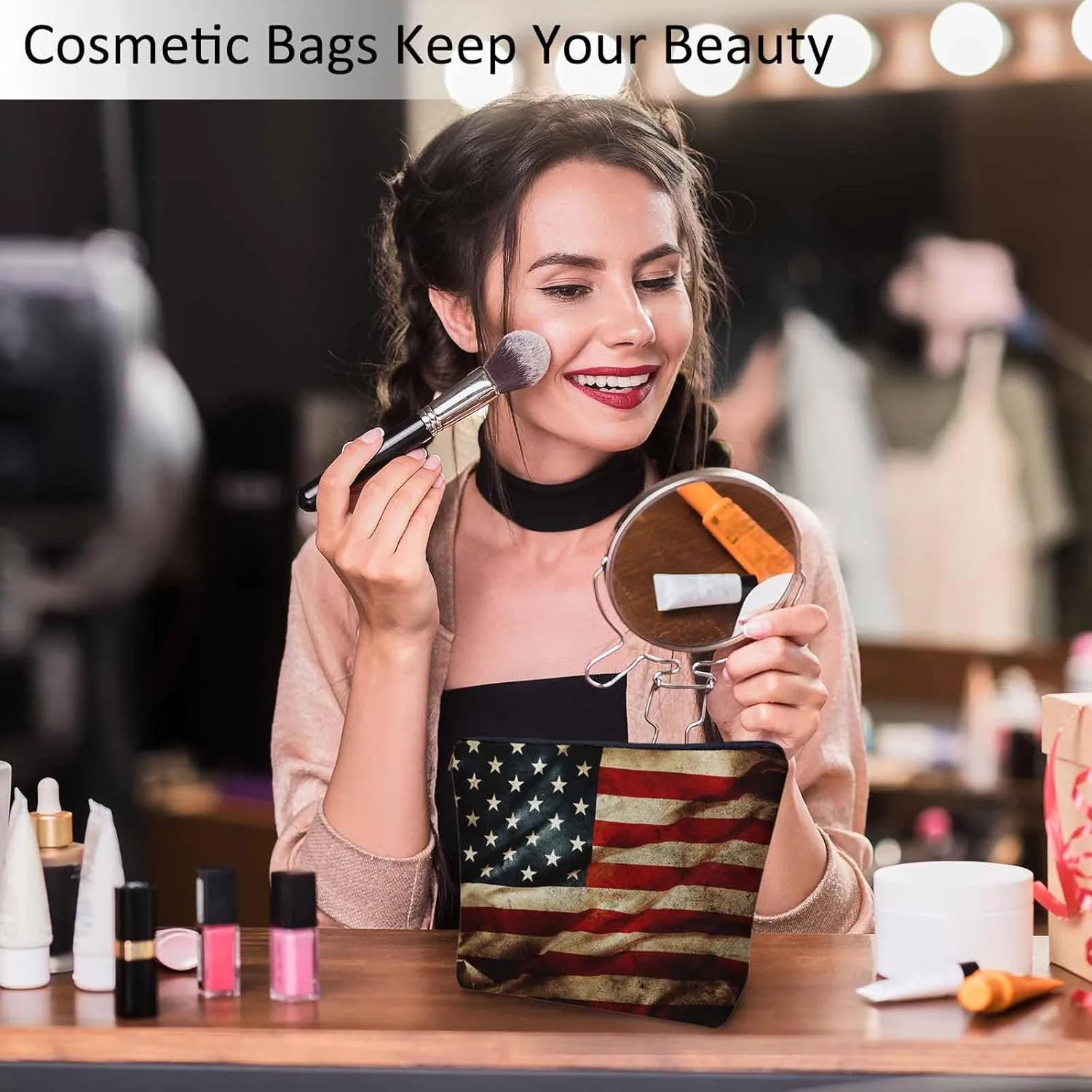 Women Makeup Organizer Bag American Flag Grunge USA Flag United Stats Of America Flax Cosmetic Bag Makeup Bags Toiletry Bag Accessories Organizer Travel Bags For Home Bathroom Office